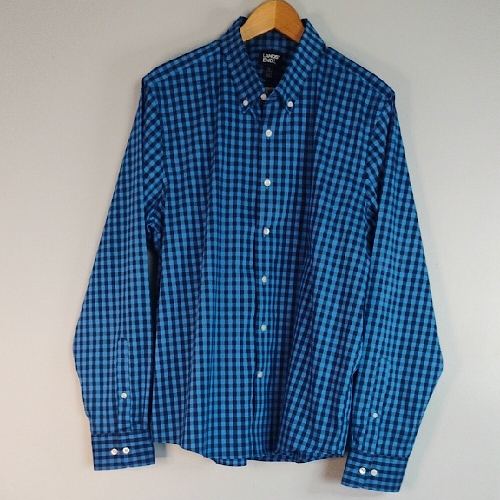 Lands' End Men's Royal Navy Blue Plaid Button-down Shirt Size L Cotton Blend
